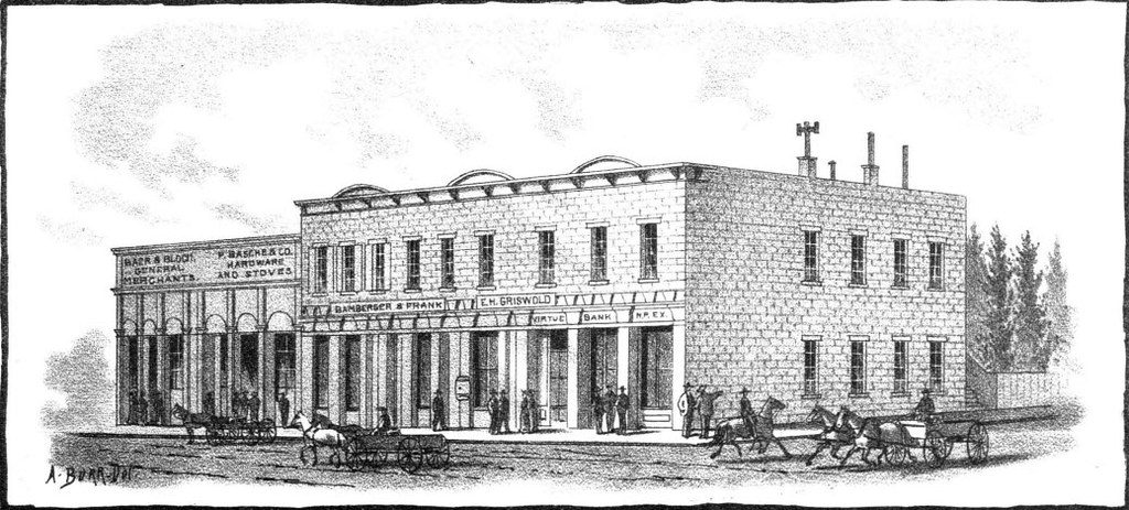 Engraving of nineteenth-century business blocks in Baker City, Oregon